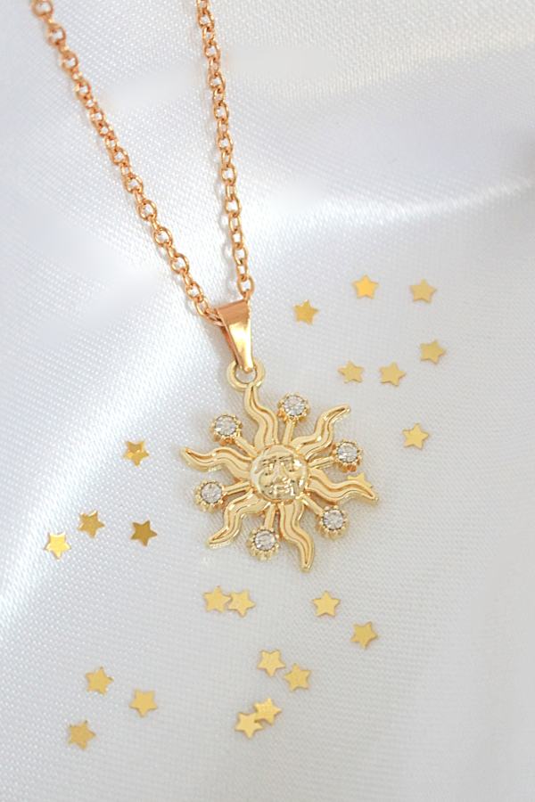 24 Karats CZ Sun Pendant Necklace For Sale