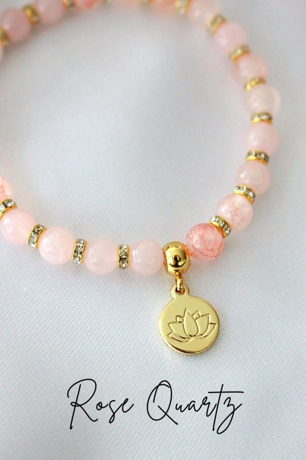 Rose Quartz – Amethyst Elastic Bracelet | 24K Lotus Flower Charm on Sale