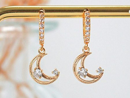 24 Karats Gold Cubic Zirconia Moon Hoop Earrings Hot on Sale