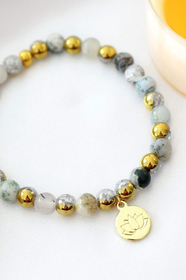 Mossy Agate Elastic Bracelet | 24K Lotus Flower Charm For Sale