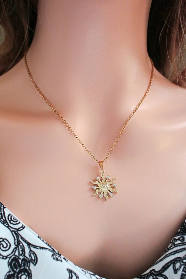 24 Karats CZ Sun Pendant Necklace For Sale