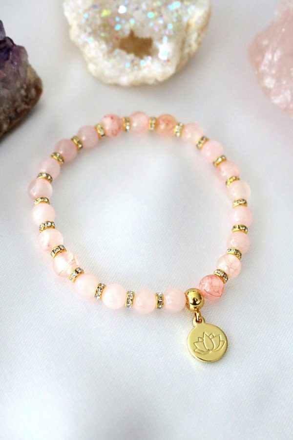 Rose Quartz – Amethyst Elastic Bracelet | 24K Lotus Flower Charm on Sale