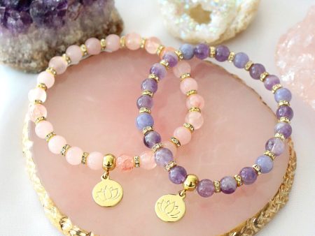 Rose Quartz – Amethyst Elastic Bracelet | 24K Lotus Flower Charm on Sale