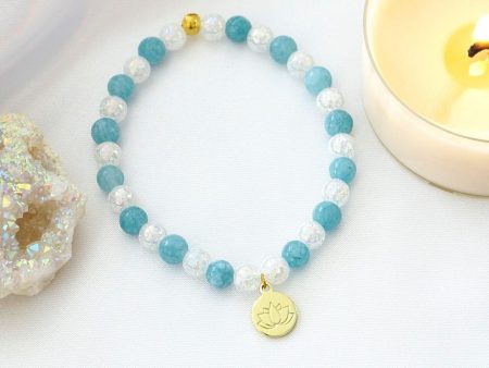 Aquamarine Elastic Bracelet | 24K Lotus Flower Charm For Cheap