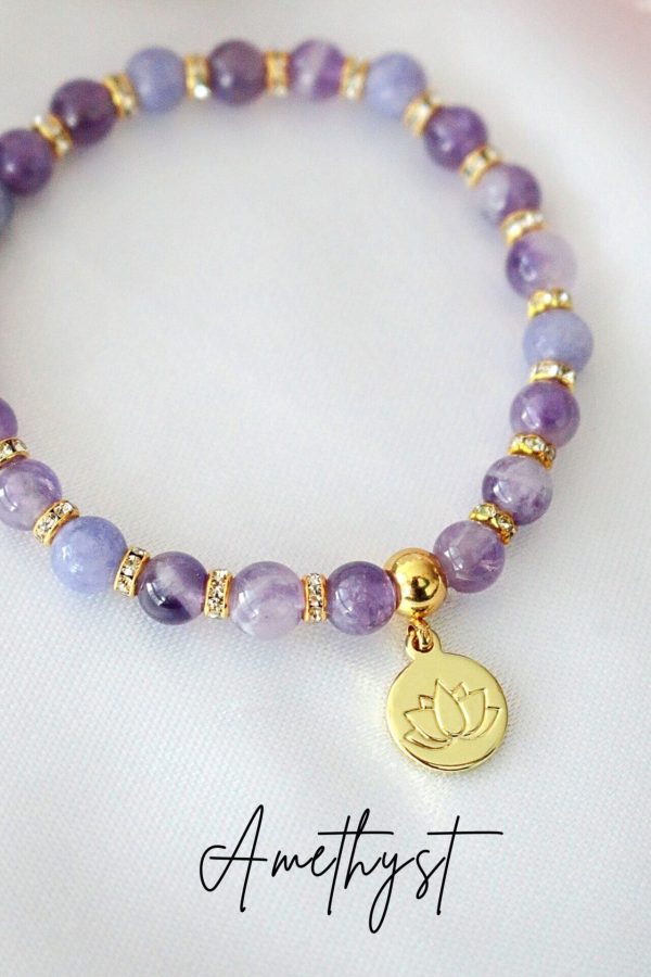 Rose Quartz – Amethyst Elastic Bracelet | 24K Lotus Flower Charm on Sale