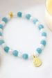 Aquamarine Elastic Bracelet | 24K Lotus Flower Charm For Cheap